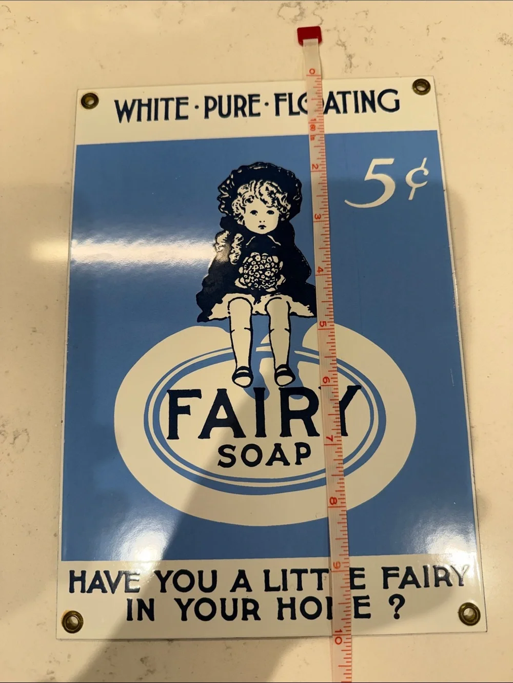 Vintage Fairy Soap Metal Sign in Blue and White